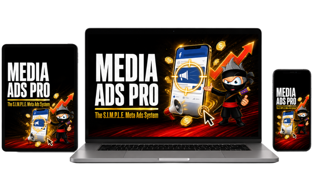 Media Ads Pro - The S.I.M.P.L.E. Meta Ads System, shown on laptop, tablet, and phone